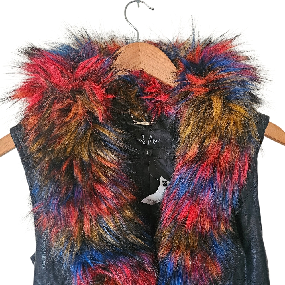NWT LA Coalition Black Multicolor Faux Fur Faux Leather Zip Up Vest, Size L - Picture 2 of 10